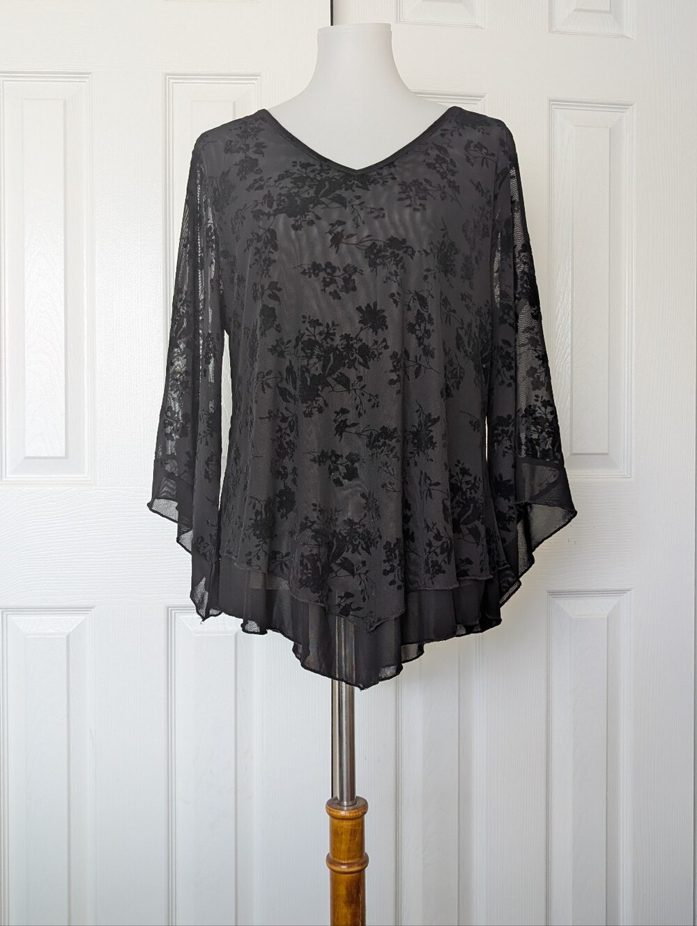 Whimsigoth Witchcore Sheer Floral-Print Black V-Neck Women's Top